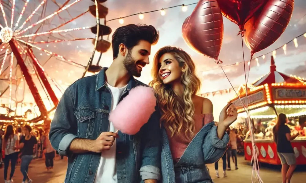 DALL·E 2025-02-11 19.36.42 - A romantic couple celebrating Valentine's Day at an amusement park in Texas. The couple is enjoying the vibrant atmosphere with heart-shaped balloons,